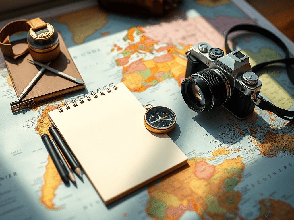 travel planning, camera , compass, writing pad and pencils on top of a map